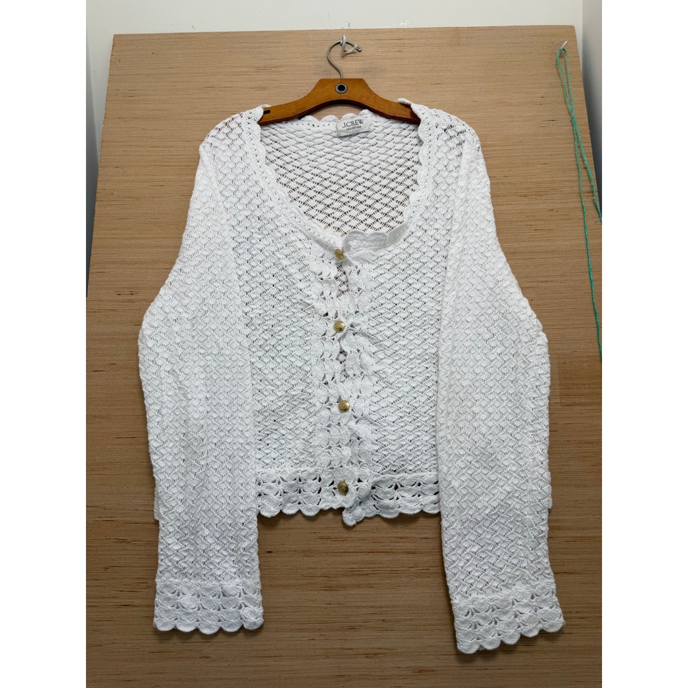 J.Crew Collection White Crochet Knit Cardigan Gold Crest Buttons Scalloped Trim